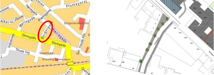 Kort over krydset Nørregade/Borgergade.
